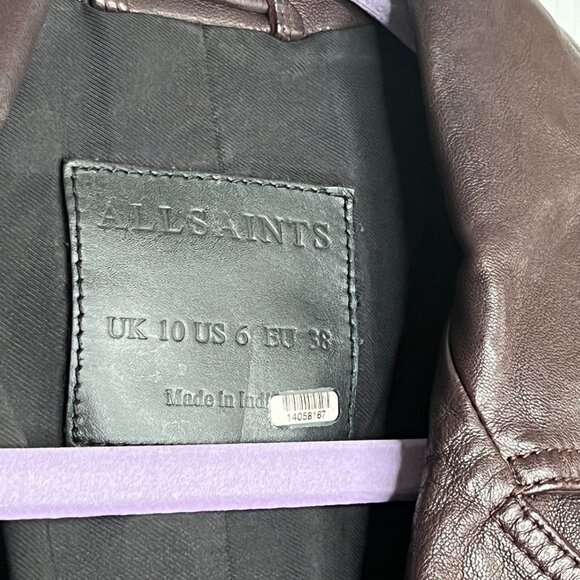 All Saints Dalby Dark Red Leather Long Sleeve Biker Jacket Women's Size 6 - Picture 8 of 15